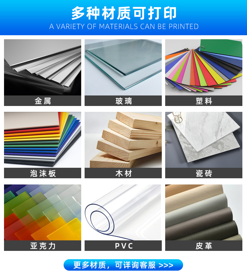 可打印的材料：金屬。玻璃、塑料